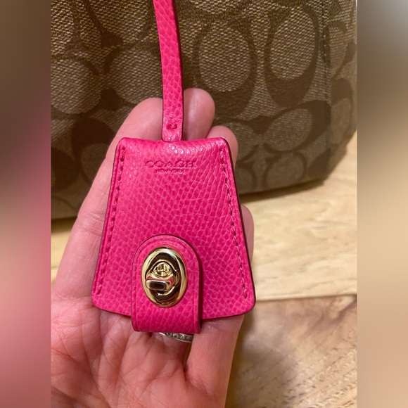 Coach Khaki Brown Hot Pink Signature Tote Bag Satchel Purse with Crossbody Strap - Picture 8 of 8